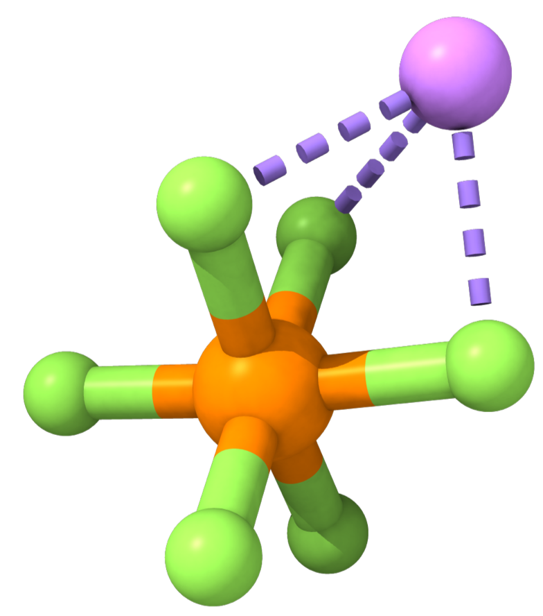 A 3D graphic of lithium hexafluorophosphate, with a lithium ion coordinated by three fluorine atoms.