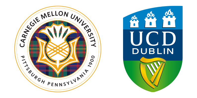 The presidential seal of Carnegie Mellon University (a stylized gold thistle in front of a tartan background, with the words 'Carnegie Mellon University' and 'Pittsburgh Pennsylvania 1900' in a surrounding circle) and, to the right, the seal of University College Dublin (a blue and green shield with three castles - each topped by flames; the words 'UCD Dublin'; and a gold harp).