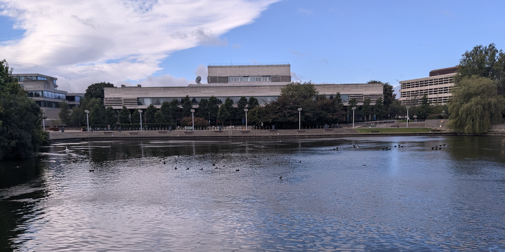 A picture of a placid lake. Birds swim on the surface. In the background are several buildings (mostly concrete), trees, and several tall posts. The sky is bright blue with white clouds filling about half of the sky.