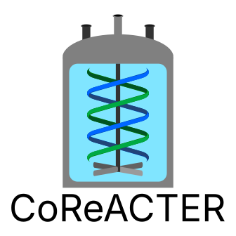 The CoReACTER logo: A cartoon of a reactor, with swirls of blue and green against a light blue background. Under the cartoon is text saying 'CoReACTER'.