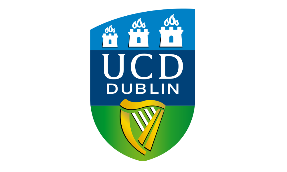 The seal of University College Dublin. On a blue and green shield, from top to bottom, are three castles - each topped by flames; the words 'UCD Dublin'; and a gold harp